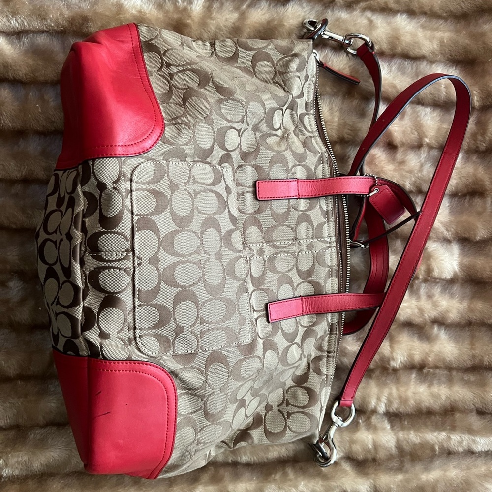 Coach Tan and Red Signature Shoulder Bag